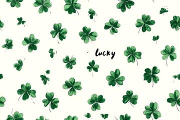 Fototapeta premium A beautiful design featuring vibrant green clovers on a white background with the word lucky at the center symbolizing prosperity and good fortune. Generative AI