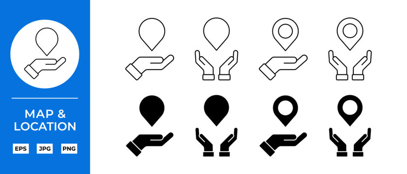 Hand Holding Location Map Pin Icons Set. Location, Navigation and GPS Vector Symbols