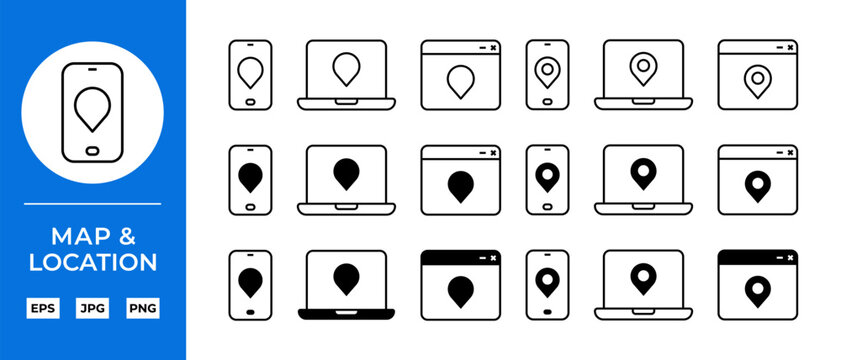 Device Screen with Pin Map Pointer on Screen Vector Icon Set. Location, Navigation, GPS and Route Symbols