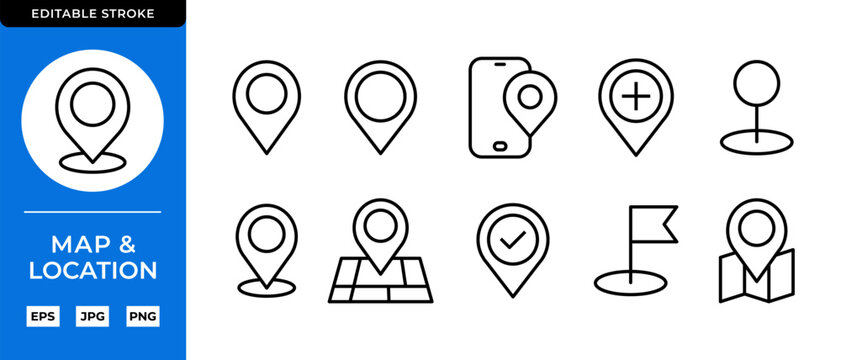 Maps Line Editable Vector Icon Set. Location, Navigation, GPS and Route Symbols