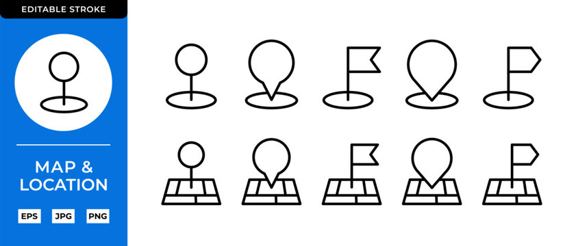 Maps Line Editable Vector Icon Set. Location, Navigation, GPS and Route Symbols