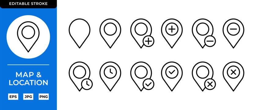 Maps Line Editable Vector Icon Set. Location, Navigation, GPS and Route Symbols