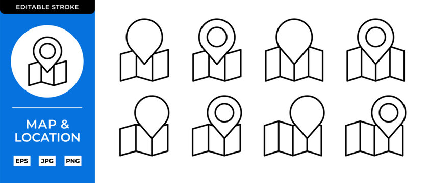 Maps Line Editable Vector Icon Set. Location, Navigation, GPS and Route Symbols