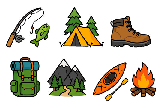 Camping and outdoor adventure icon set with hiking and fishing