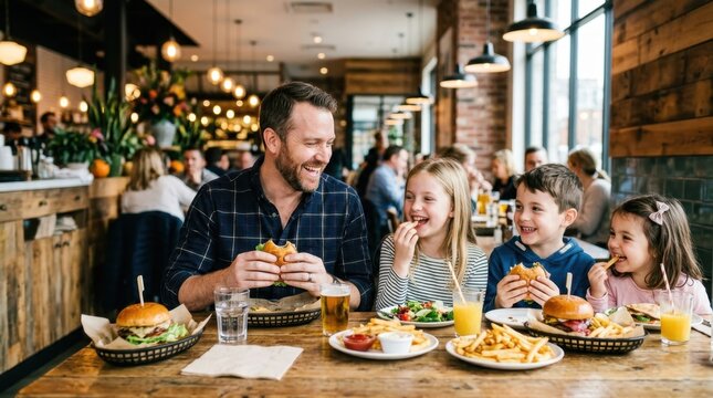 Joyful father with three young children enjoying delicious burgers and fries at a vibrant restaurant table, sharing laughter and bonding over a casual family lunch in a warm and cozy atmosphere today!