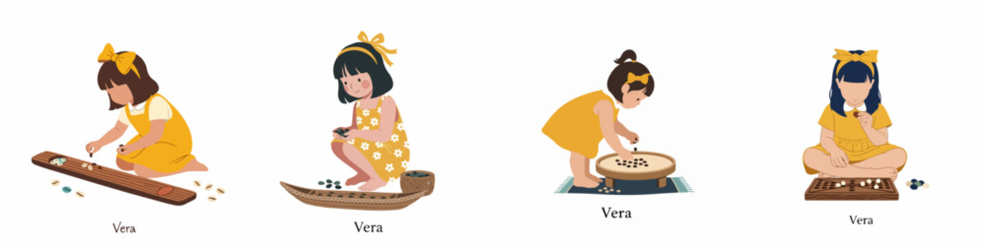 Illustration set of a young girl in yellow dresses playing different versions of traditional Asian board games like Mancala and Congkak.