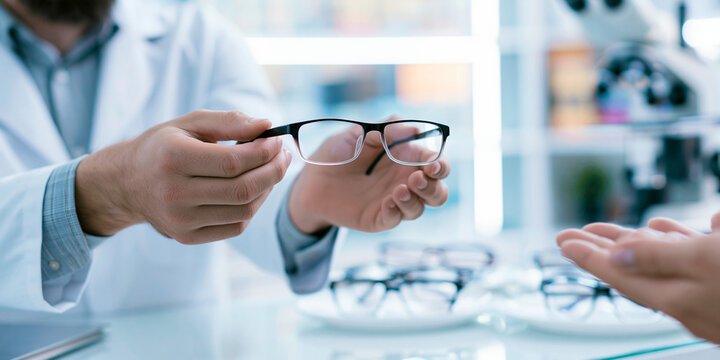 Eyeglasses being offered by ophthalmologist to patient in a medical office setting spectacles frames optical