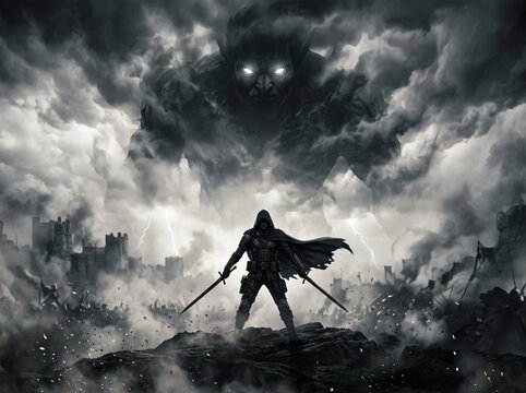 Epic fantasy warrior facing giant cloud monster, cinematic battle scene with hooded knight, dark atmospheric landscape with glowing eyes