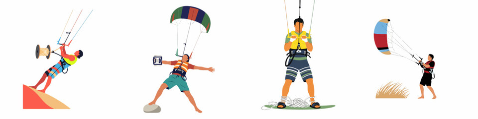 Set of Four Minimalist Vector Illustrations of People Participating in Kiteboarding and Paragliding Activities Isolated on White Background © Tono
