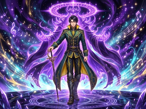 Fantasy anime bard character with glowing purple magic, musical notes and magical energy aura, heroic male sorcerer holding a rapier sword