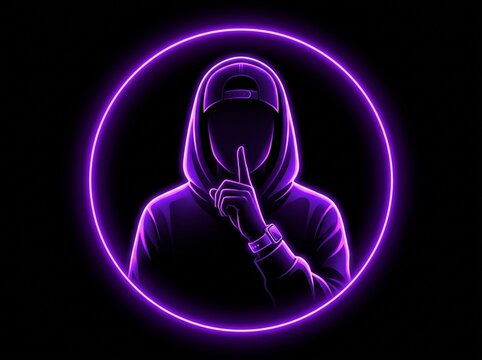 Neon purple hacker silhouette in hoodie, mysterious hooded figure with finger on lips, glowing violet cyber security avatar for gaming and privacy