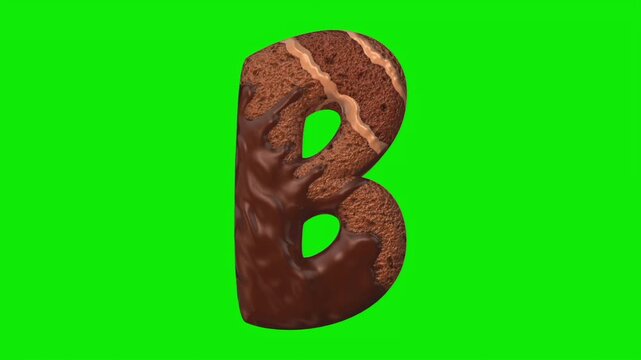 Chocolate cake shaped alphabet letter animation on a green screen background.