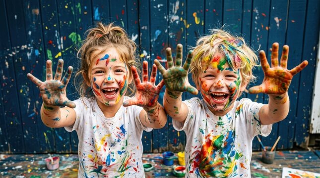 Cheerful messy children showing painted hands outdoors during creative playtime, their faces covered in vibrant colors while laughing and expressing pure childhood joy in a artistic backyard setting.