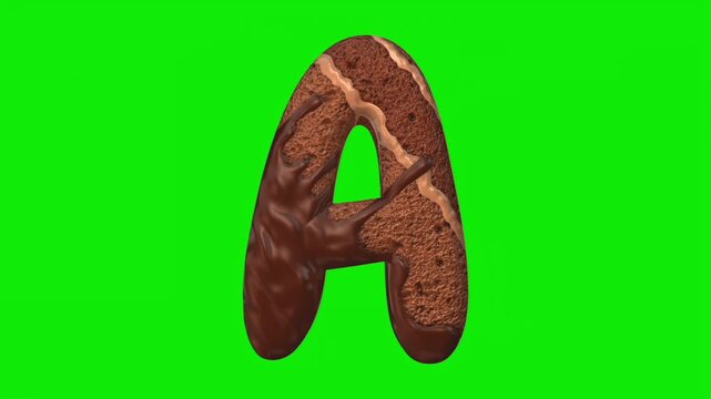 Chocolate cake shaped alphabet letter animation on a green screen background.