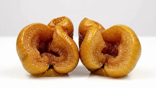 Pear halve bending and browning timelapse over one hour of change in shape and color