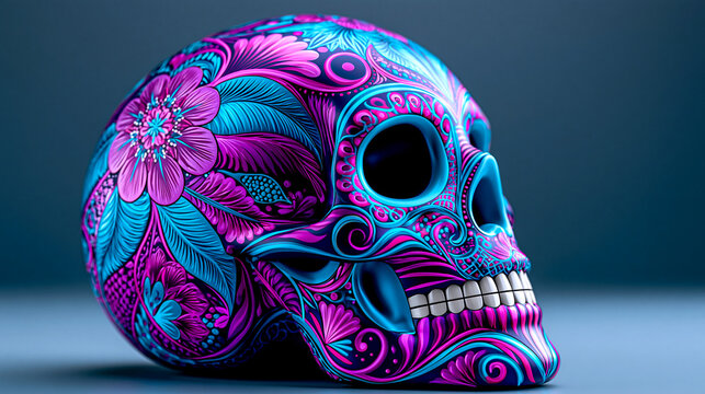 Ornate skull with intricate floral and swirling patterns in vibrant pink and blue colors on a muted background