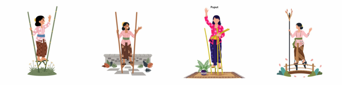Set of illustrations featuring Indonesian girls in traditional costumes playing the traditional game of egrang or bamboo stilts.
