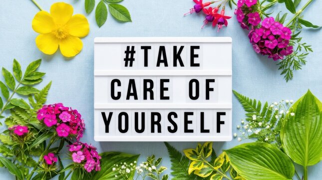 Inspiring floral lightbox display with #Take Care of Yourself message surrounded by vibrant spring blossoms and lush green leaves on a light blue cloth for promoting mental health and self-care today.