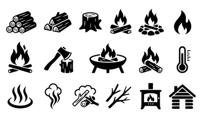 Obraz premium Black silhouette icons set firewood campfires heating and winter elements
