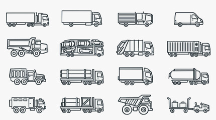 Dynamic Collection of Black and White Line Illustrated Commercial Vehicles and Trucks for Various Uses © Izaa