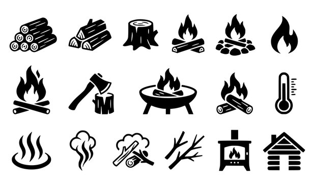 Black silhouette icons set firewood campfires heating and winter elements