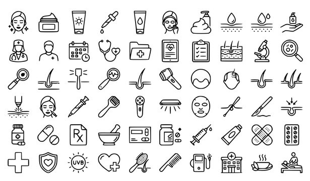 Dermatology and wellness line icons skincare medical and spa treatments