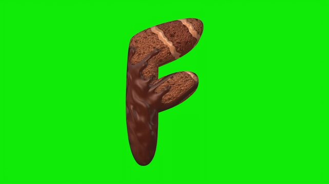 Chocolate cake shaped alphabet letter animation on a green screen background.