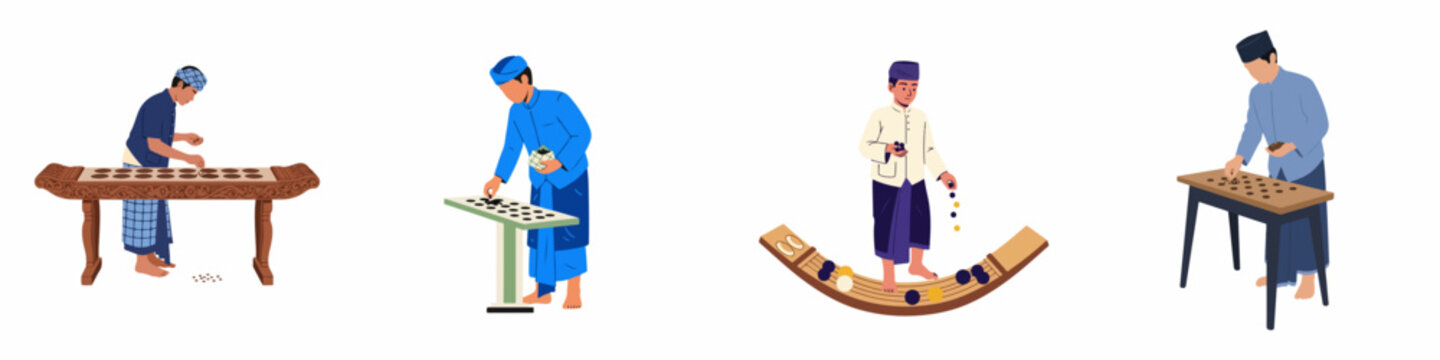 Set of flat vector illustrations depicting men in traditional Malay attire playing Congkak, a popular traditional board game from Southeast Asia.