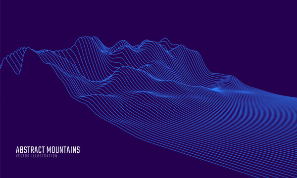 Contour mountain landscape. Waved line art. Abstract minimal topographic map. Contour lines with elevations and terrain depth. Vector illustration.