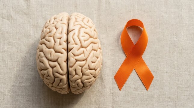 High-angle shot of a realistic human brain model paired with a vibrant orange awareness ribbon on beige textured linen, symbolizing multiple sclerosis, ADHD, and kidney cancer medical support focused.