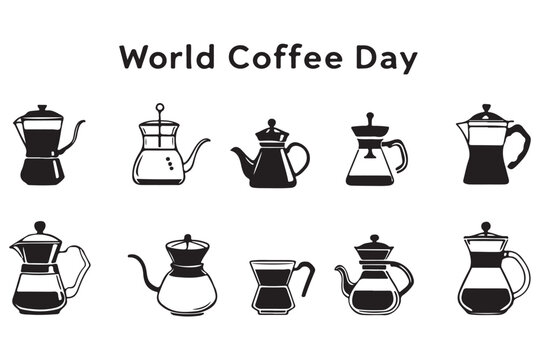 World Coffee Day celebration with various coffee makers and brewers  coffee culture symbols