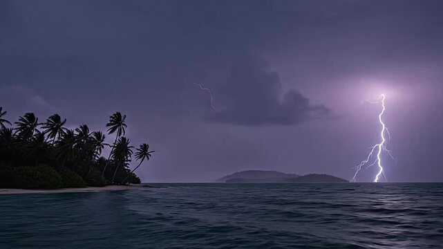 Bright lightning strikes over a dark ocean near a tropical island shore
