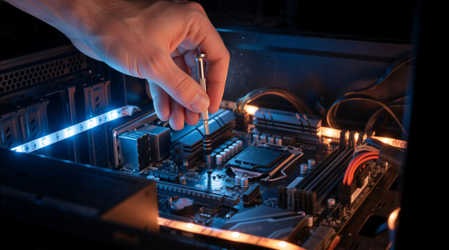 Technician hand repairing computer motherboard with screwdriver. PC hardware maintenance and upgrade. Custom gaming desktop build with LED lighting