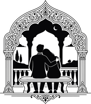 Romantic muslim couple gazing at moonlit night from ornate archway