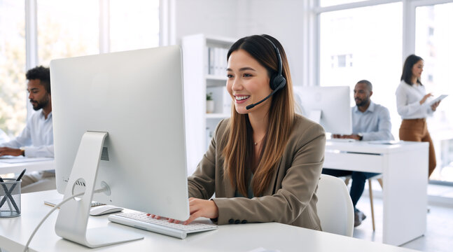 Smiling female customer service agent with headset working on computer. Professional woman in modern call center office providing online support