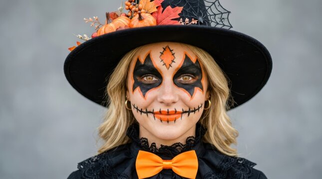 Beautiful vibrant blonde woman wearing spooky pumpkin face paint and black witch hat decorated with autumn leaves and mini pumpkins against grey background posing for a festive Halloween party night!!