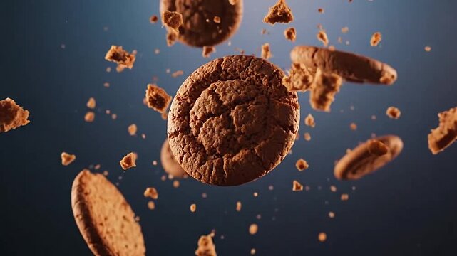 Delicious round baked cookies floating in the air with crumbs