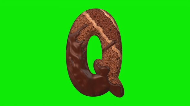 Chocolate cake shaped alphabet letter animation on a green screen background.