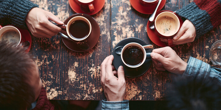 People Drinking Coffee Overhead View On A Wooden Table cup mugs caffeine beverage drink group