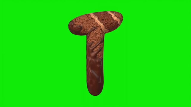 Chocolate cake shaped alphabet letter animation on a green screen background.