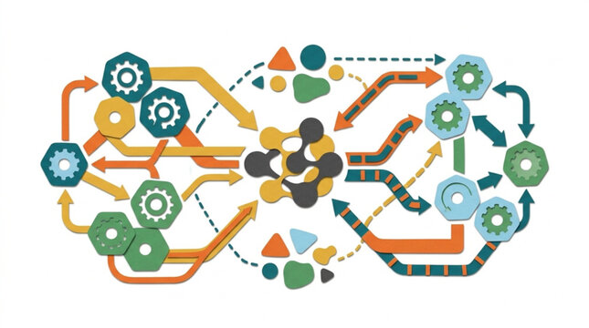abstract interconnected gears and flow diagram representing process automation and system integration concepts with vibrant colors and dynamic shapes