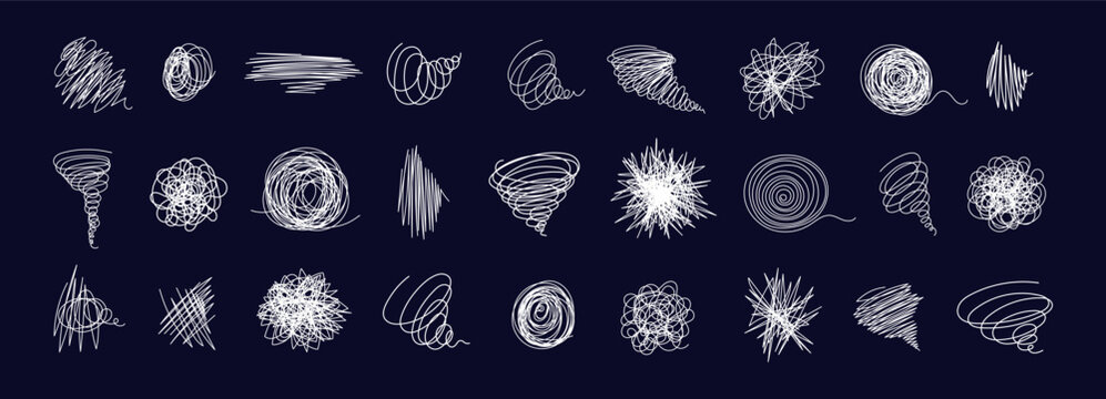 Chaos scribble line collection with tangled spiral and random squiggly stroke. Editable stroke. Vector abstract background expressing anxiety, tension and messy emotion. Vector doodle set