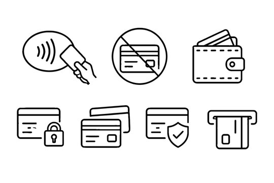 Payment and wallet line icons set with cards and ATM