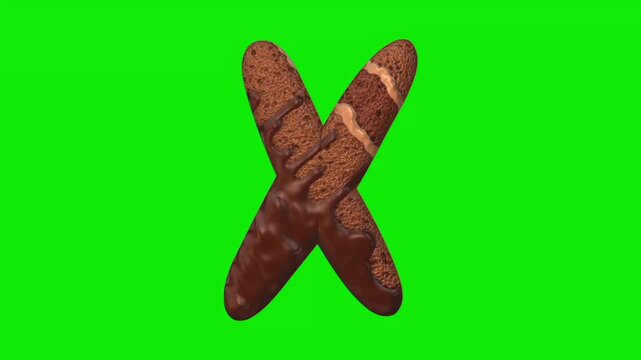 Chocolate cake shaped alphabet letter animation on a green screen background.