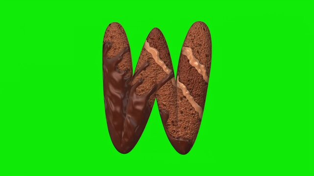 Chocolate cake shaped alphabet letter animation on a green screen background.