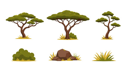 Cartoon savanna trees bushes rocks and grass set © Artstock