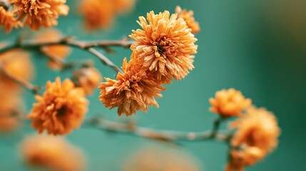 Obraz premium Small, simple picture shows dried orange flowers close up on a green background. It feels like autumn.