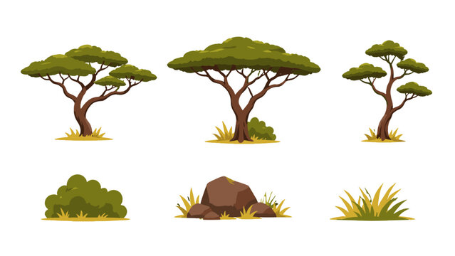Cartoon savanna trees bushes rocks and grass set