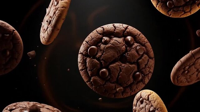 Delicious chocolate chip cookies floating against a dark background
