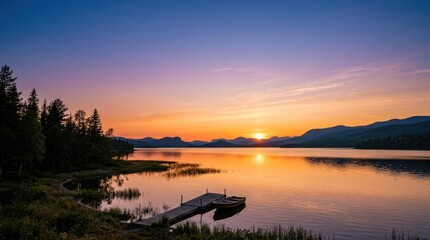 Obraz premium A serene lake at sunset with a wooden dock and trees on the shore.
